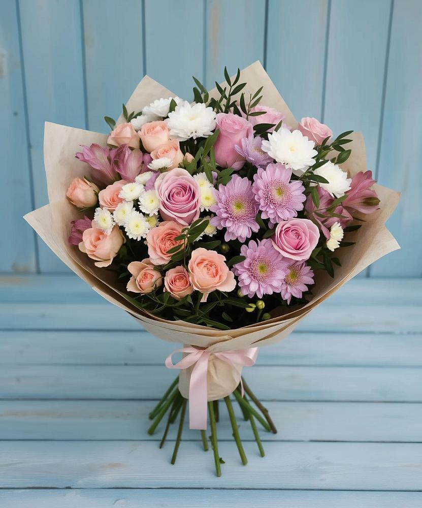 Букет цветов из: Хризантемы, Розы и Альстромерии в Черноерковской