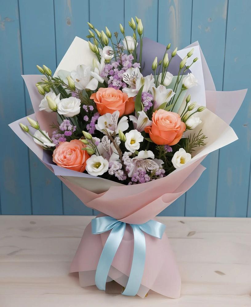 Букет цветов из: Лизиантусы, Розы, Альстромерии и Гипсофила в Черноерковской