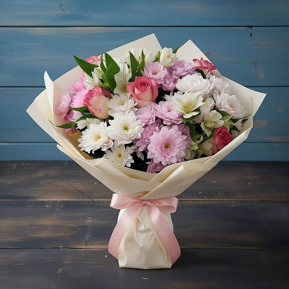 Букет цветов из: Хризантемы, Альстромерии и Розы в Черноерковской